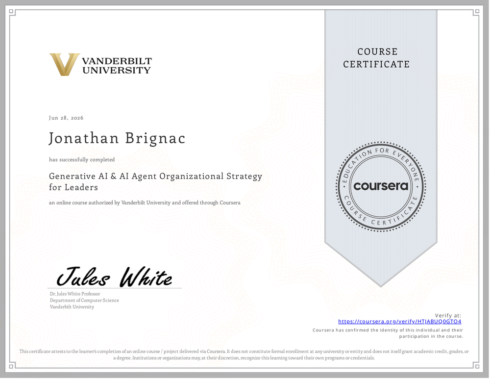 Generative AI & AI Agent Organizational Strategy for Leaders certificate
