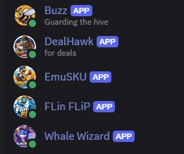 Part of the Deal Hive bot fleet shown as members in the Discord server: Buzz, DealHawk, EmuSKU, FLin FLiP, and Whale Wizard.