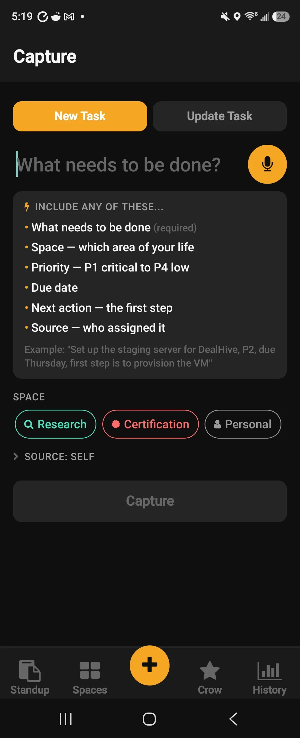 HypeTask new task capture screen