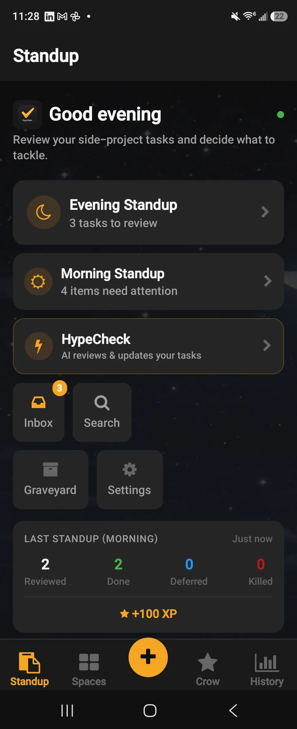 HypeTask standup screen