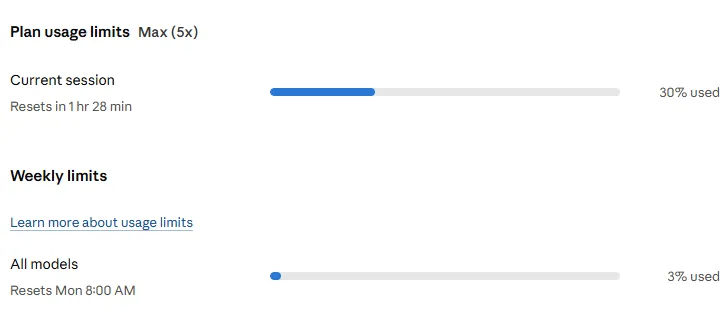 The standard on-screen usage-limits view: progress bars for the current session and weekly limits